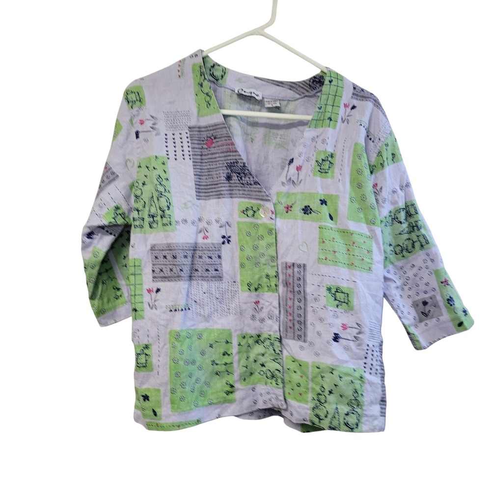 Onque Womens Linen Patchwork Button Up Shirt Purple Green Floral Size S